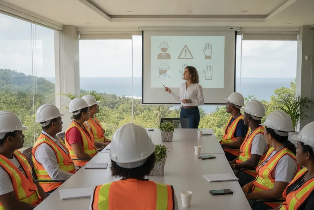 Capacitación de seguridad y salud en el trabajo con trabajadores con casco y chaleco