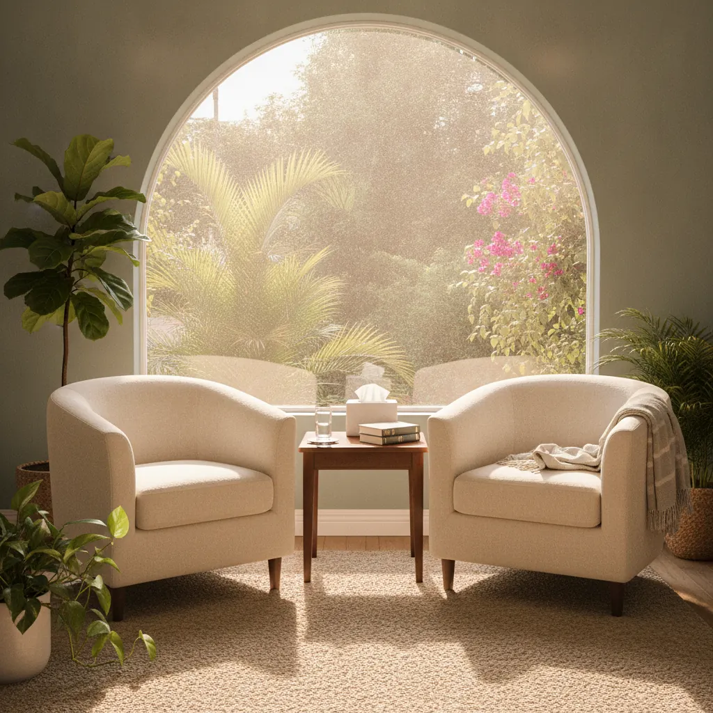 Consultorio de psicología cálido y luminoso con dos sillones y plantas