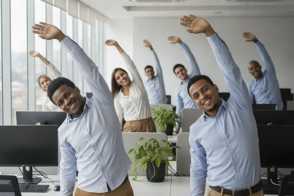Pausa activa en una oficina: personas estirando los brazos